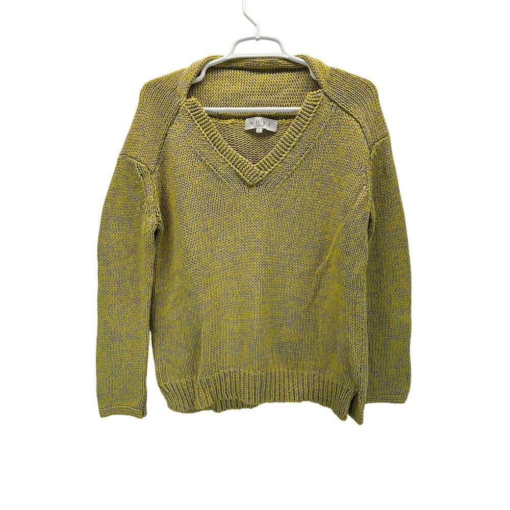 NHBT Inhabit Warm Green Yellow Layered V-Neck Chunky Knit Sweater Cotton S